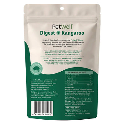 PetWell Digest + kangaroo functional pet treat and meal topper back of pack information