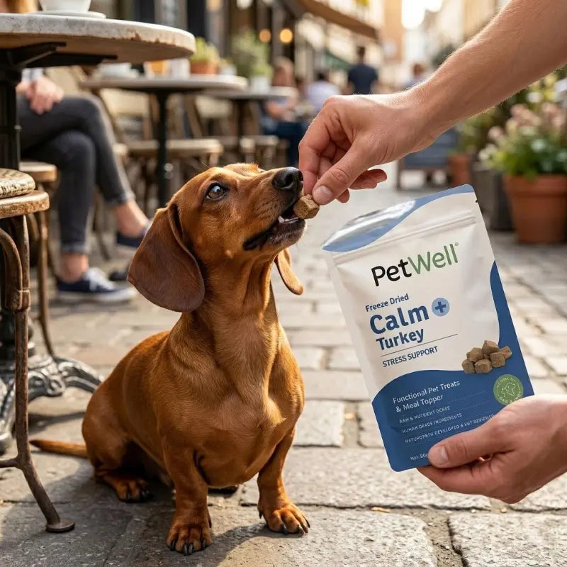 Dog being fed a treat from a 'PetWell' package in an outdoor setting