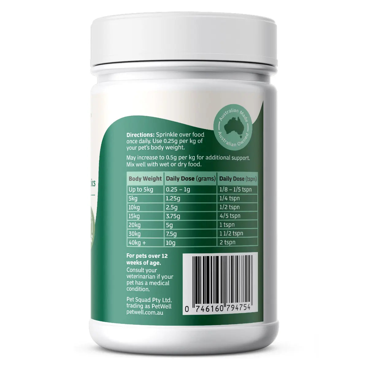 PetWell Digest supplement directions and dosage panel