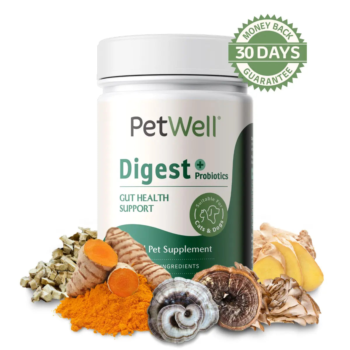 PetWell Digest supplement with human grade ingredients and 30 day money back guarantee