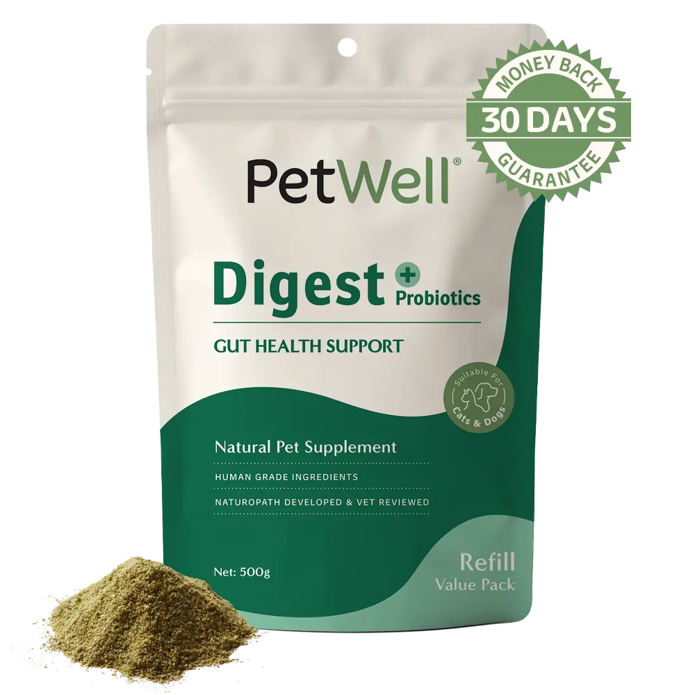 PetWell Digest supplement 500g refill pouch with 30 day money back guarantee