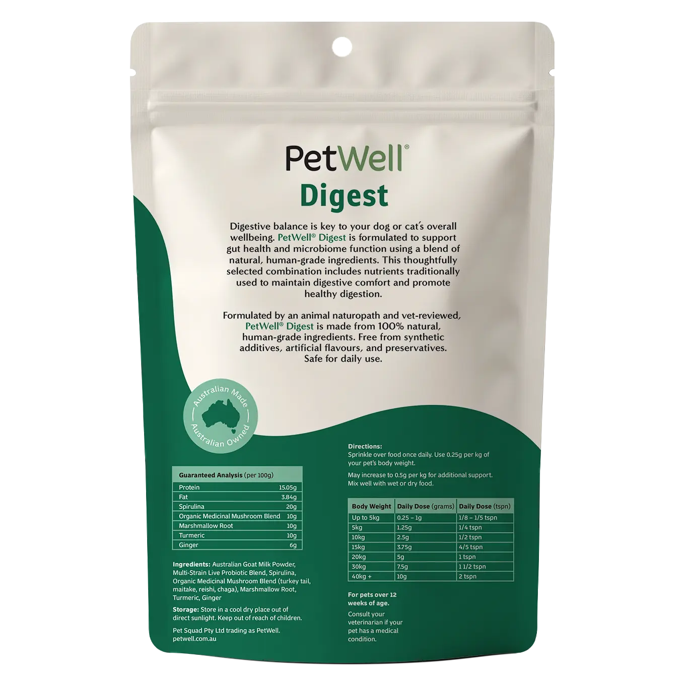PetWell Digest supplement 500g refill pouch back of pack information
