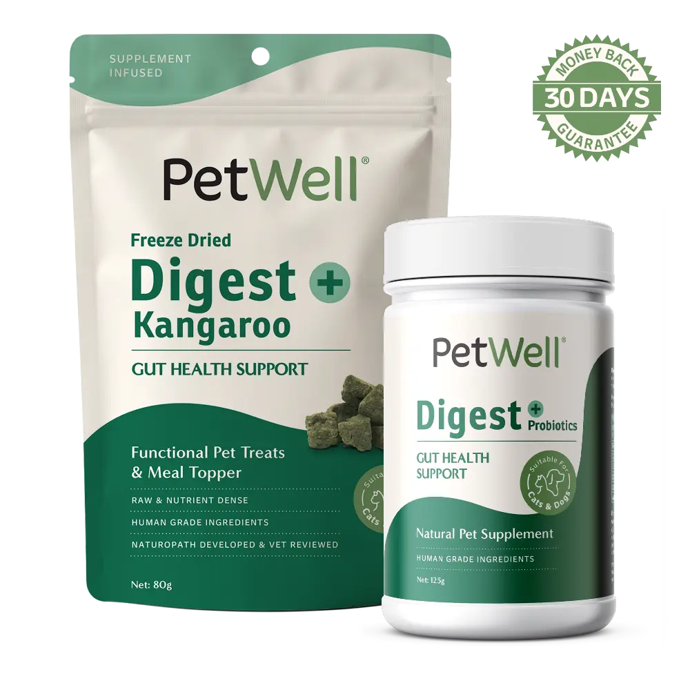 PetWell Digest supplement and Digest + Kangaroo functional treat packs with 30 day money back guarantee