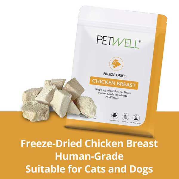 Freeze-dried chicken breast lean protein dog and cat treats by PetWell. Human grade
