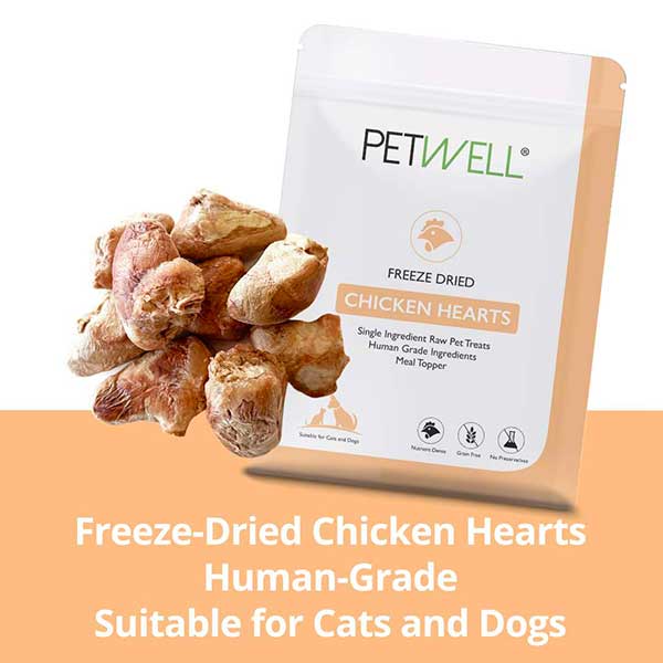 Freeze-dried chicken hearts for dogs and cats rich in taurine and protein by PetWell. human grade treats