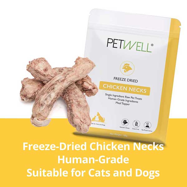 Freeze-dried chicken necks crunchy dental treats for dogs by PetWell. Human grade treats