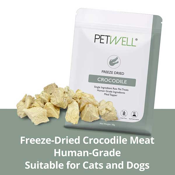 Freeze-dried crocodile treats novel protein for pets with allergies by PetWell. Human grade treats