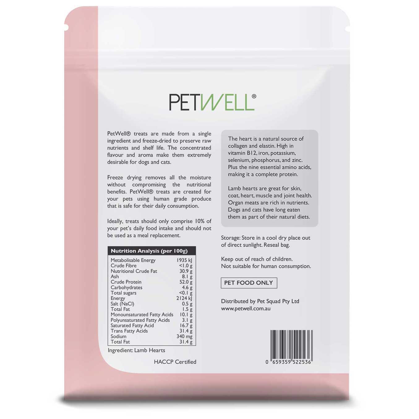 Freeze-dried lamb hearts natural taurine-rich organ treats for pets by PetWell.