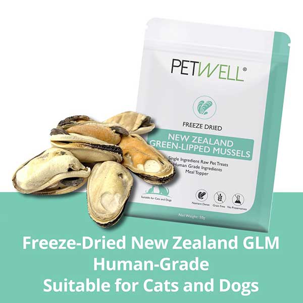 Freeze-dried New Zealand Green-Lipped Mussels natural joint support for cats and dogs, high in Omega-3 by PetWell. Human grade treats