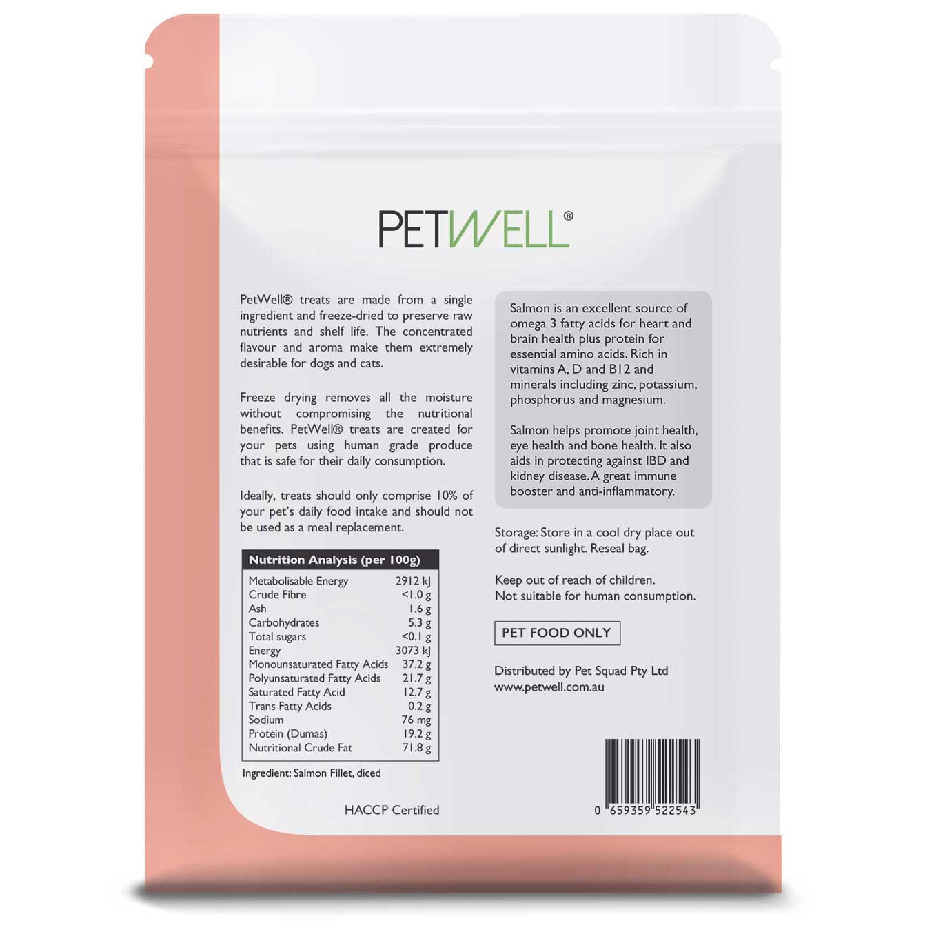 Freeze-dried salmon fillet treats for dogs and cats high in Omega-3 by PetWell