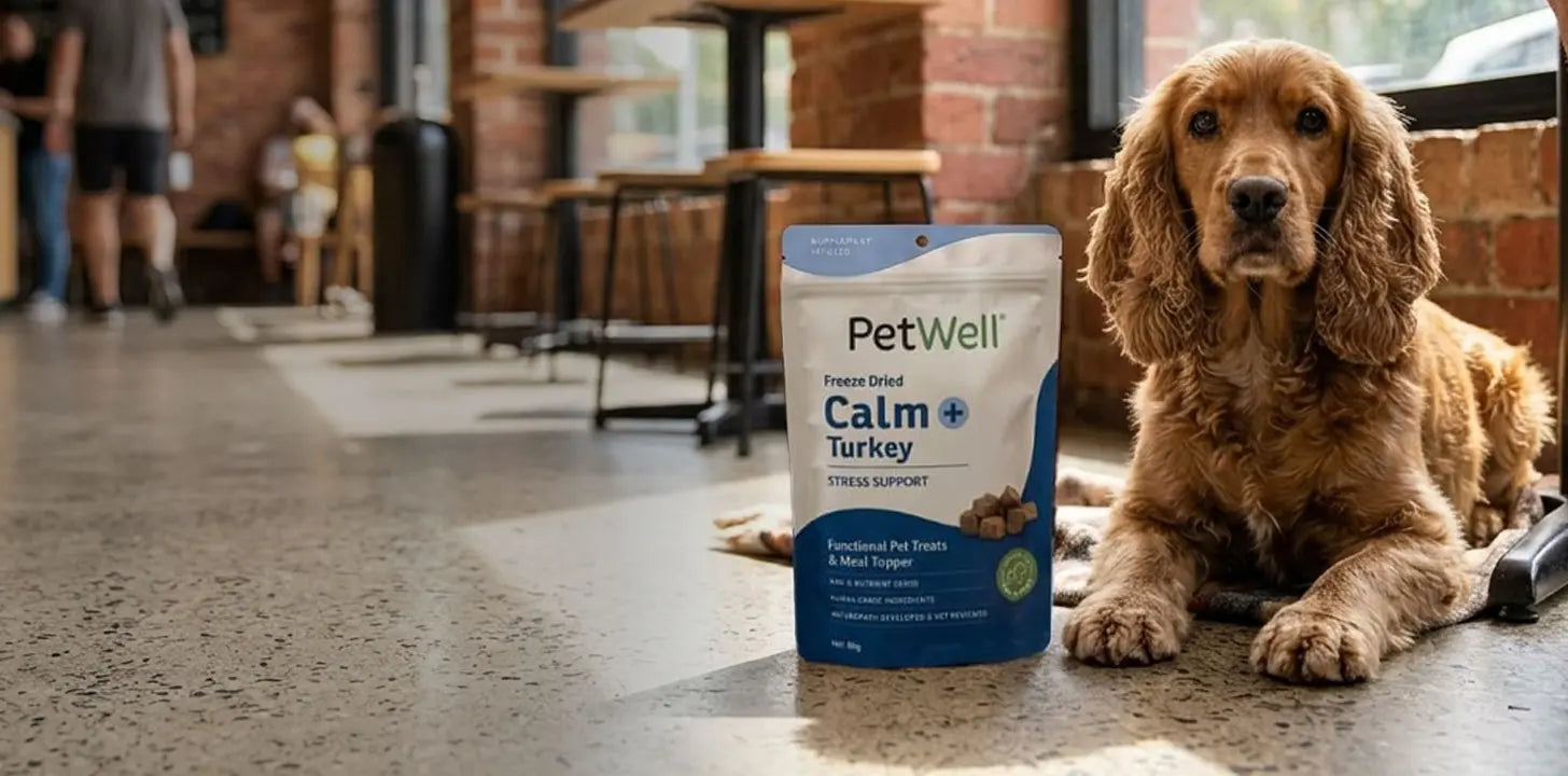 Cocker spaniel in a cafe with PetWell Calm + Turkey Functional treats. The scene is polished concrete floor with brick walls and casual timber furniture