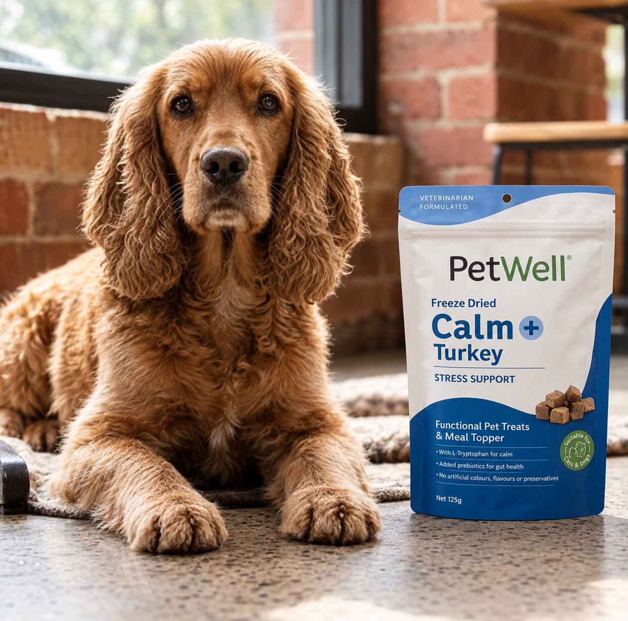 Cocker spaniel in a cafe with PetWell Calm + Turkey Functional treats. The scene is polished concrete floor with brick walls and casual timber furniture
