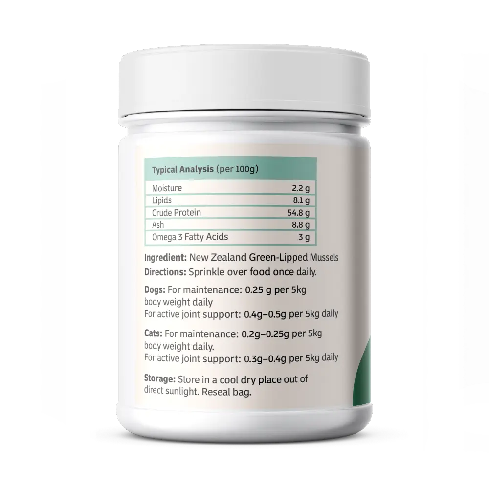 New Zealand Green-Lipped Mussel powder supplement typical analysis panel