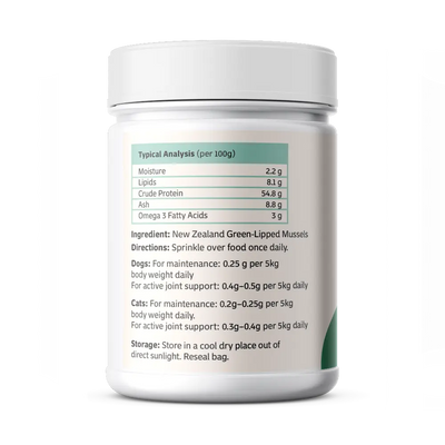 New Zealand Green-Lipped Mussel powder supplement typical analysis panel