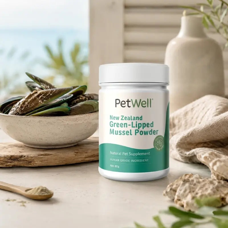 New Zealand Green-Lipped Mussel powder supplement on a kitchen bench at a coastal beach house