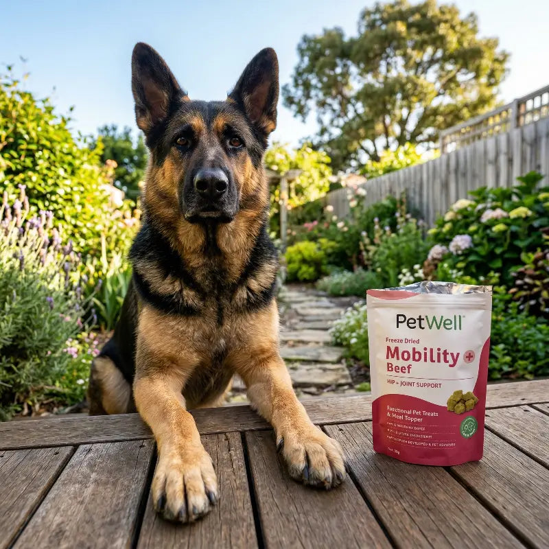 German Shepherd dog sitting on a wooden deck with a PetWell Mobility Beef product in the foreground.