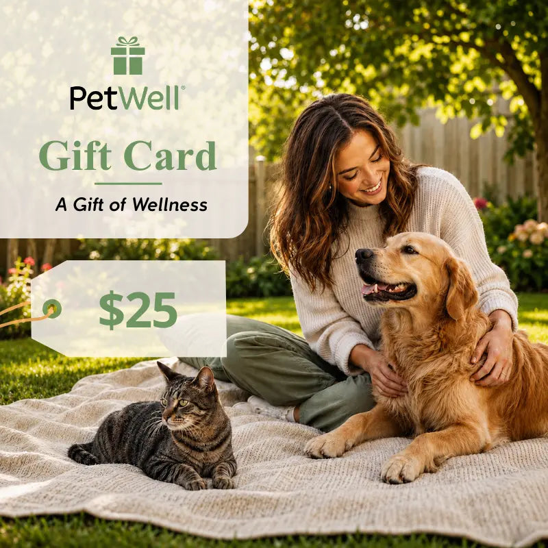 A woman sitting on a blanket in a sunny backyard with a golden retriever and a tabby cat. A semi-transparent overlay on the left reads 'PetWell Gift Card A Gift of Wellness' and shows a '$25price tag