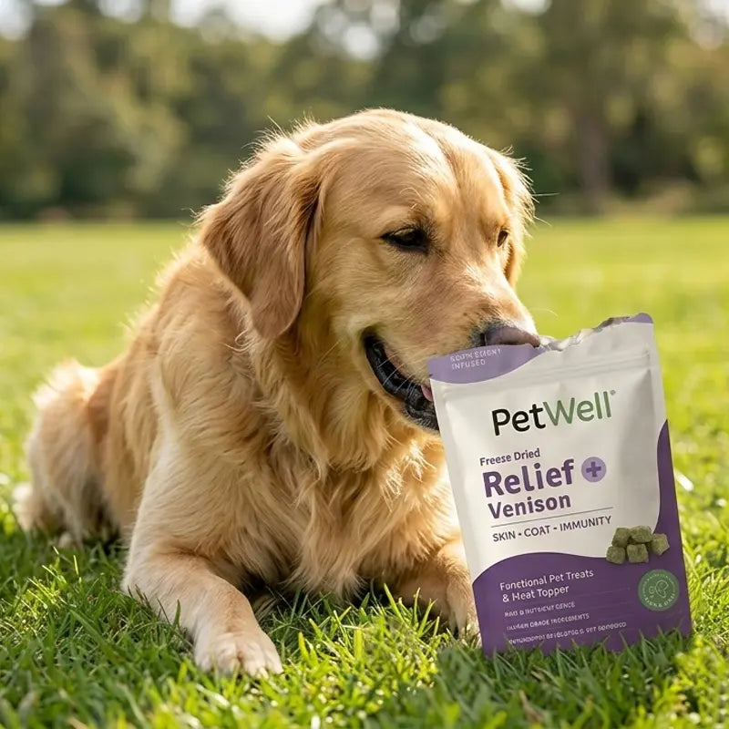 Dog holding a PetWell Relief Venison package in the grass