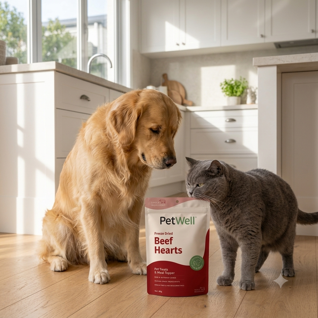 Goldie and cat in the kitchen with PetWell Beef heart treats