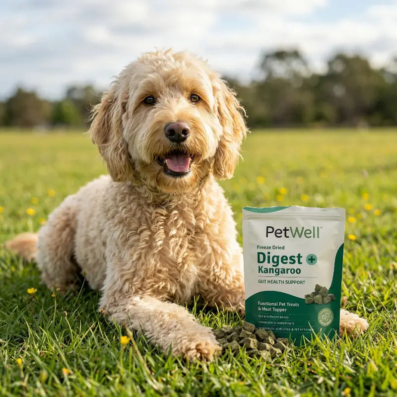Dog lying on grass with a PetWell product packaging