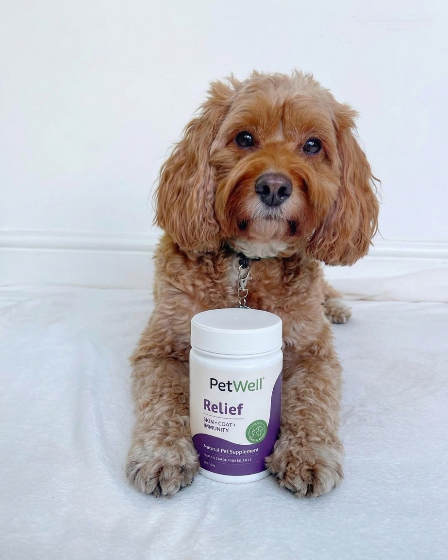 Groodle sitting on white floor with PetWell Relief supplement