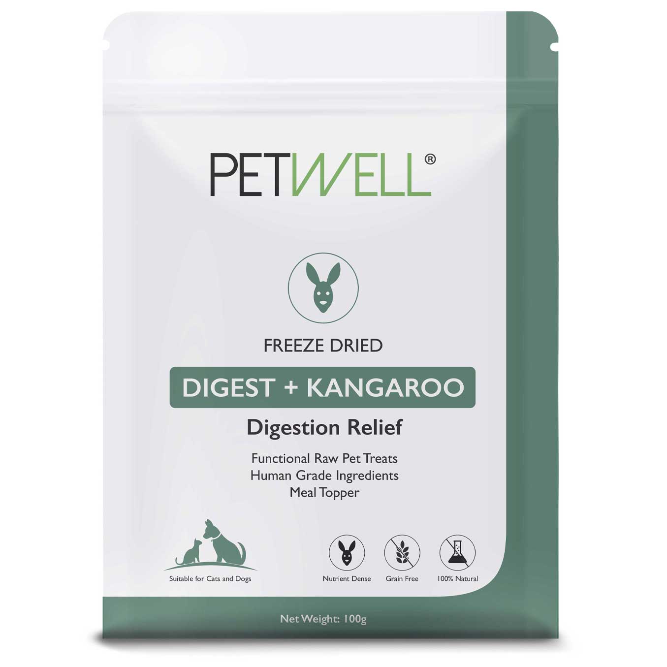Gut health Functional Healthy Treats - DIGEST+Kangaroo. Freeze-dried protein infused with PetWell DIGEST supplement for healthy gut for cats and dogs with gut health issues