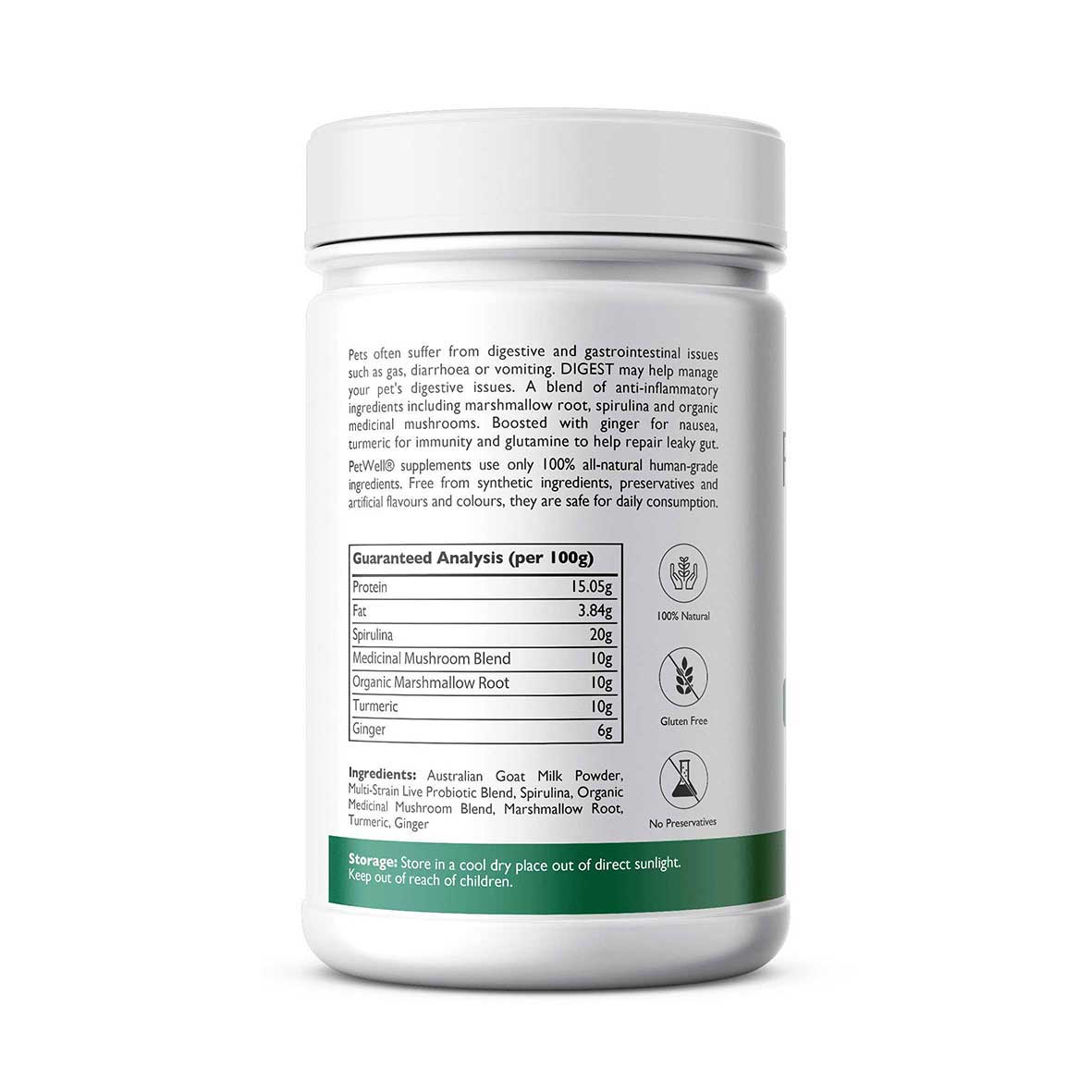 Gut health supplement for dogs and cats with gut issues - PetWell DIGEST. Formulated by a Pet Naturopath using all natural human grade ingredients 125g