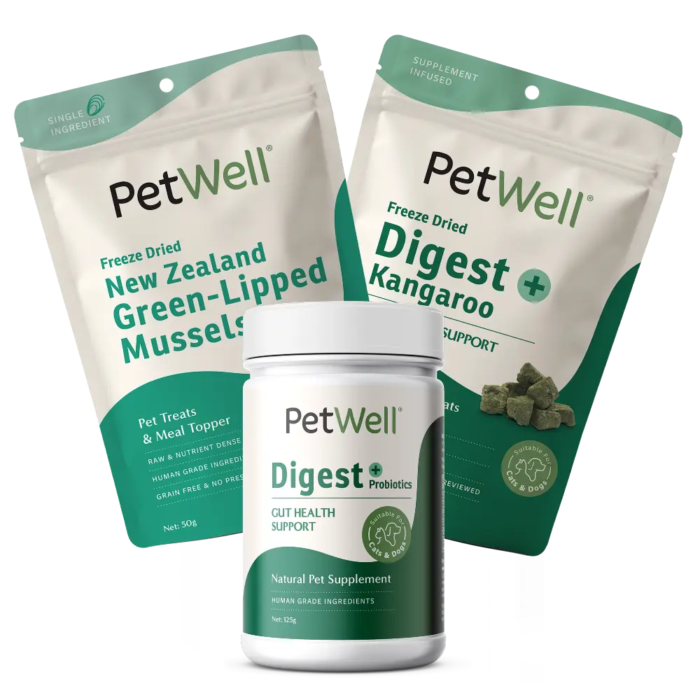 PetWell Digest supplement, Digest + Kangaroo functional treat and New Zealand Green-Lipped Mussels packs in gut wellness bundle  