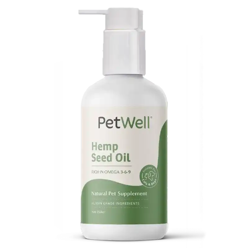 PetWell hemp seed oil, rich in Omega 3-6-9, natural pet supplement