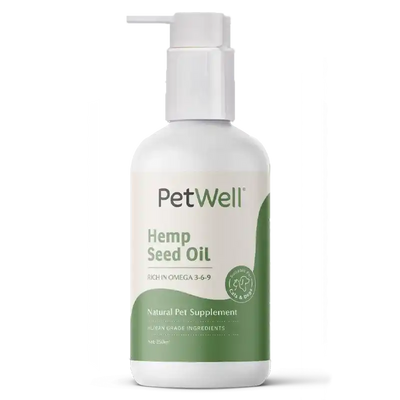PetWell hemp seed oil, rich in Omega 3-6-9, natural pet supplement