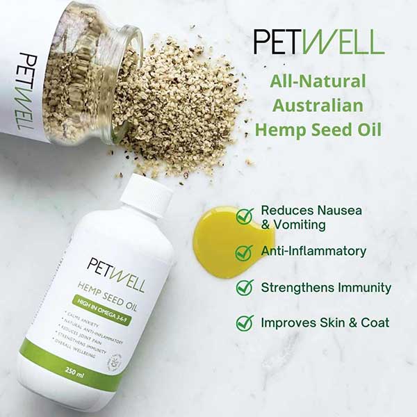 Hemp Seed Oil for cats and dogs with joint pain by PetWell. 100% cold-pressed Australian-grown hemp seed oil. Ant-inflammatory, improves skin & coat
