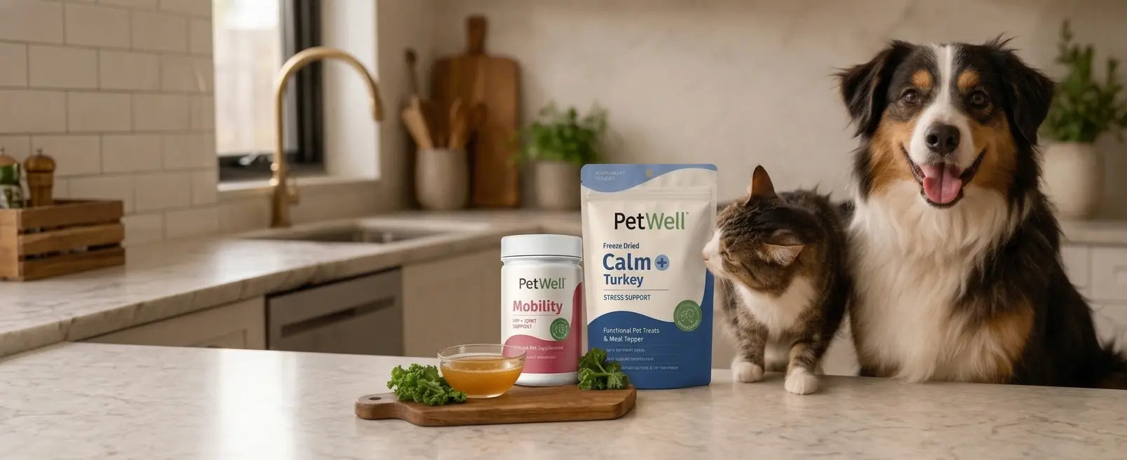 black and tan border Colllie and grey cat in a kitchen with PetWell Calm+turkey functional treats and Mobility supplement on the bench. 