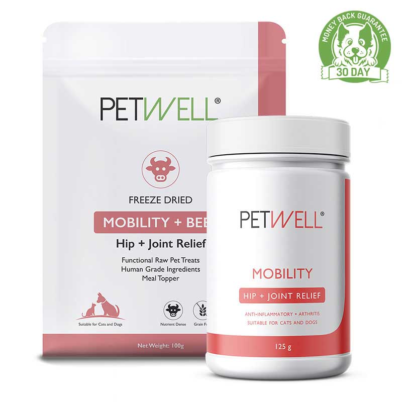 Joint supplement and functional treats for cats and dogs with Joint issues - PetWell MOBILITY. Formulated by a Pet Naturopath, using all natural, human grade ingredients 