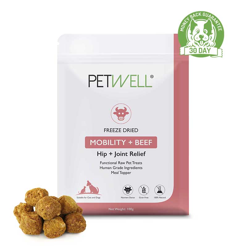 Joint support Functional Healthy Treats  freeze-dried beef infused with PetWell MOBILITY supplement for Hip+Joint support for dogs and cats 100g