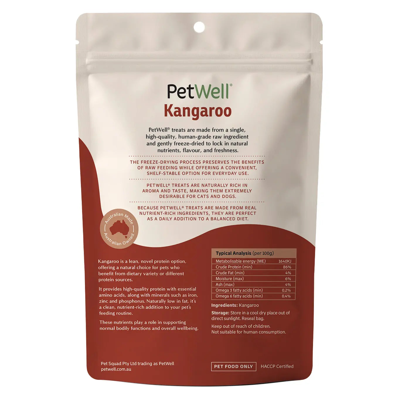 PetWell Kangaroo single ingredient pet treat & meal topper back of pack