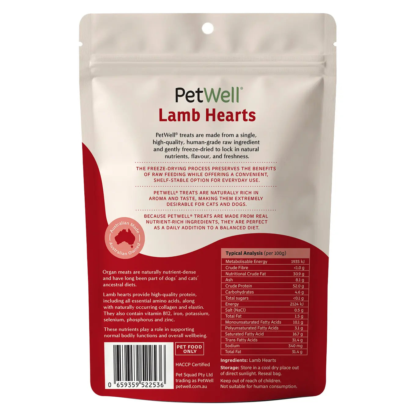 PetWell Lamb Hearts single ingredient pet treat & meal topper back of pack