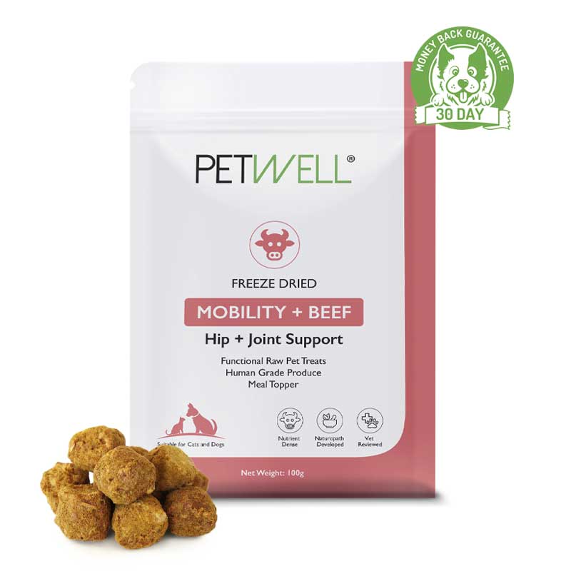MOBILITY_BEEF-Functional-Healthy-Treats-freeze-dried-protein-infused-with-PetWell-MOBILITY-supplement-for-Hip_Joint-support-for-dogs-and-cats-30 day guarantee