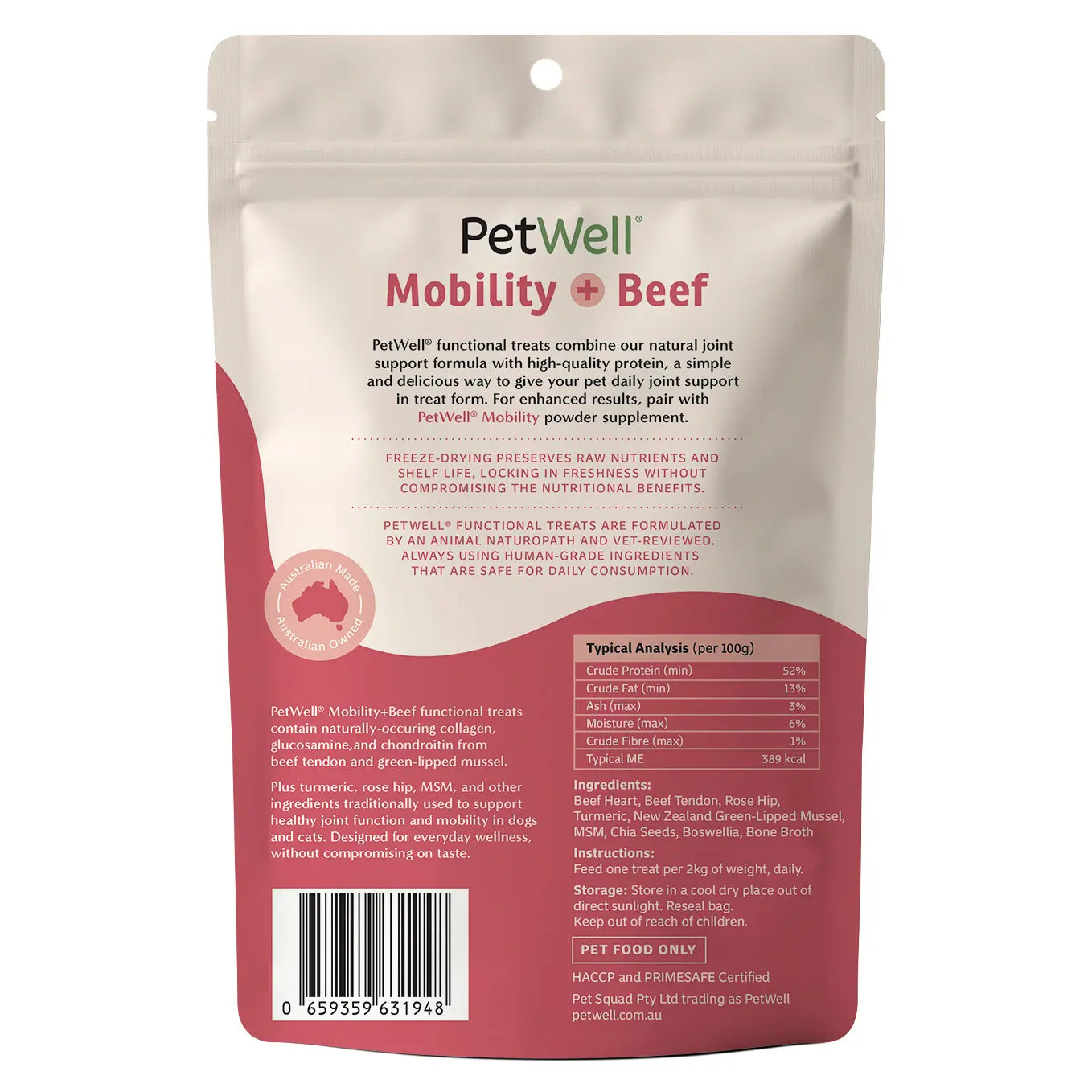 PetWell Mobility + beef functional pet treat and meal topper back of pack information