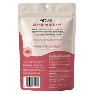 PetWell Mobility + beef functional pet treat and meal topper back of pack information