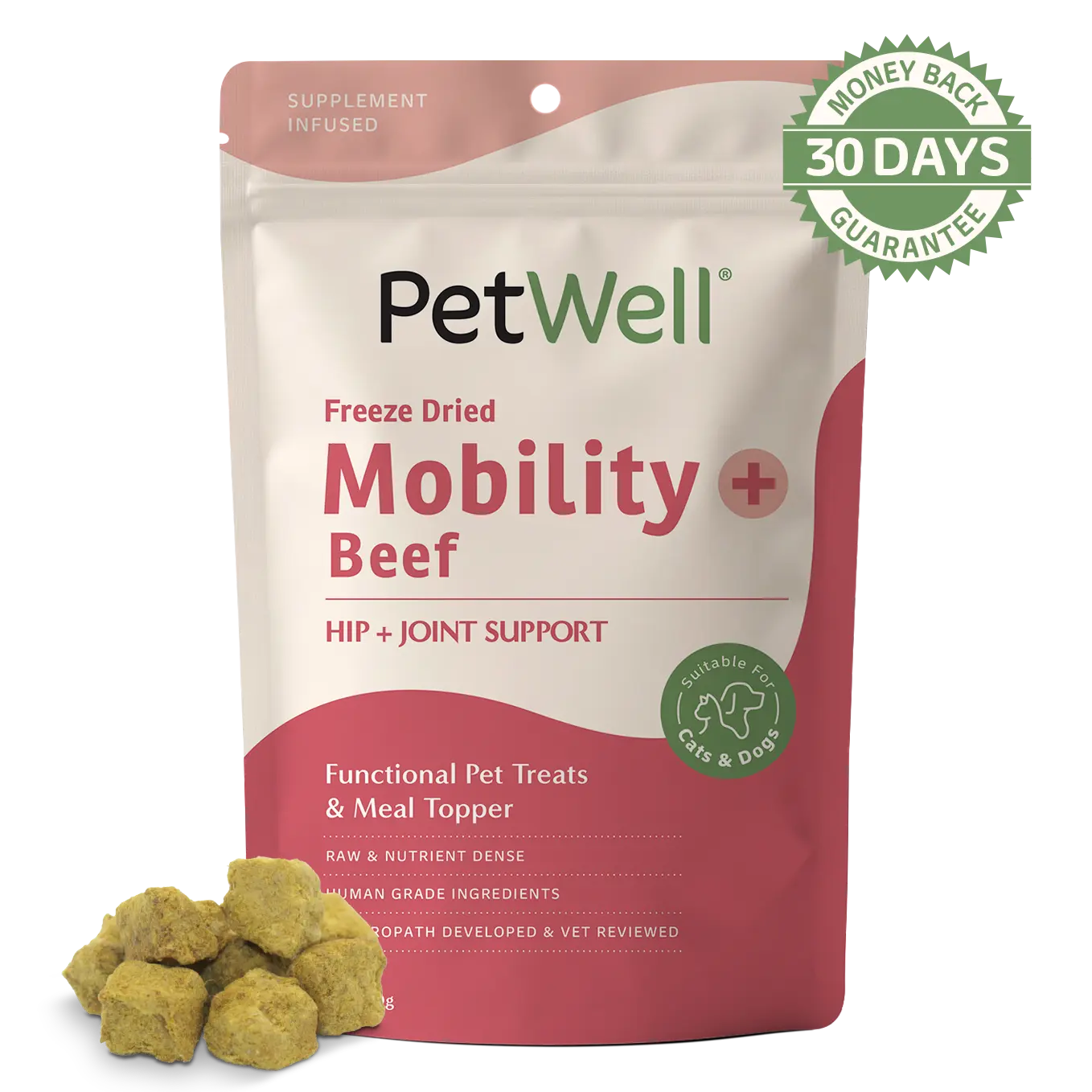 PetWell Mobility + beef functional pet treat and meal topper with 30 day money back guarantee