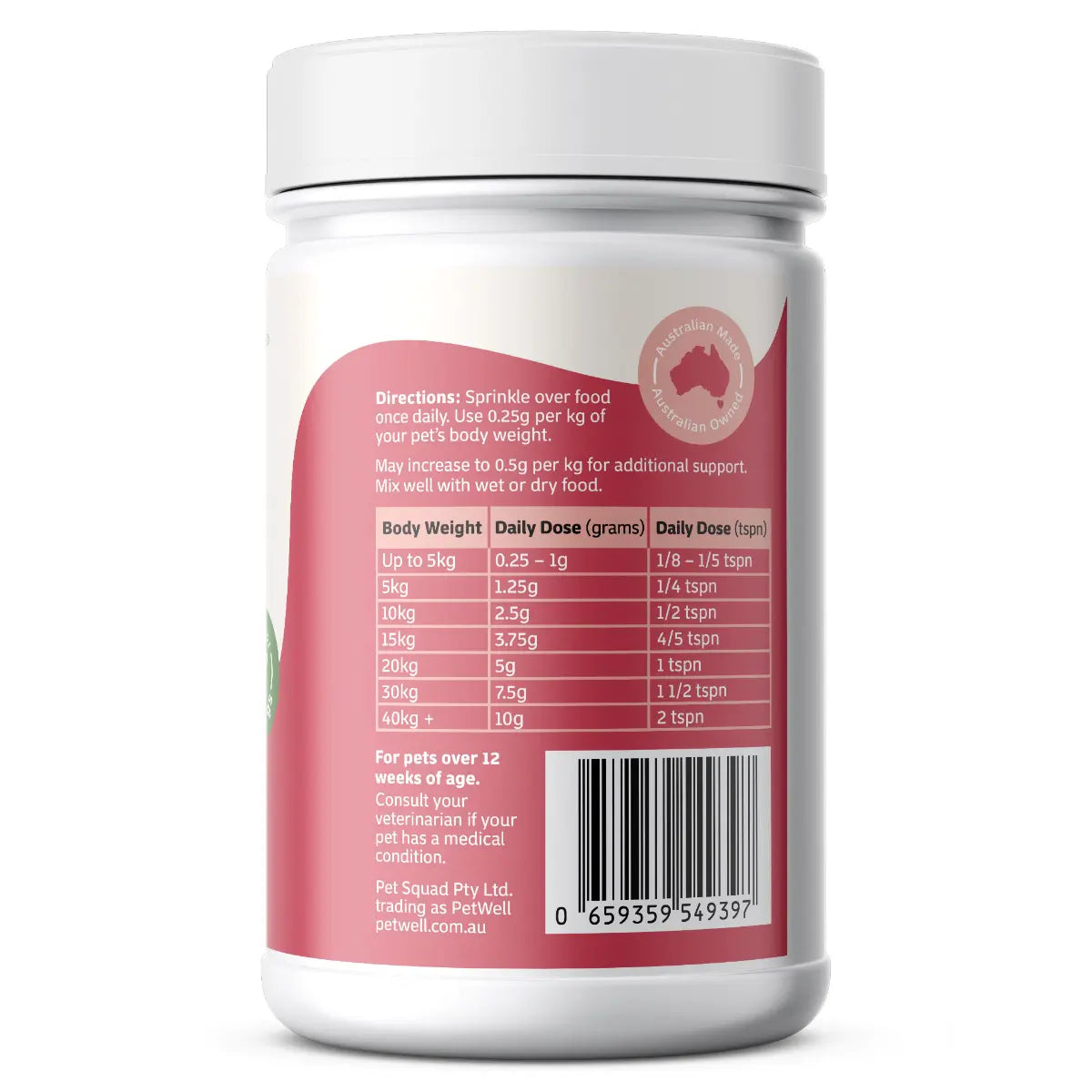 PetWell Mobility supplement directions and dosage panel