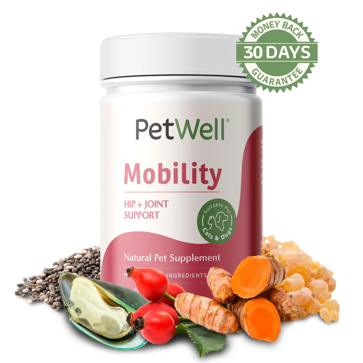 PetWell Mobility supplement 125g with human grade ingredients and 30 day money back guarantee