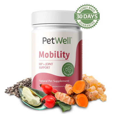 PetWell Mobility supplement 125g with human grade ingredients and 30 day money back guarantee