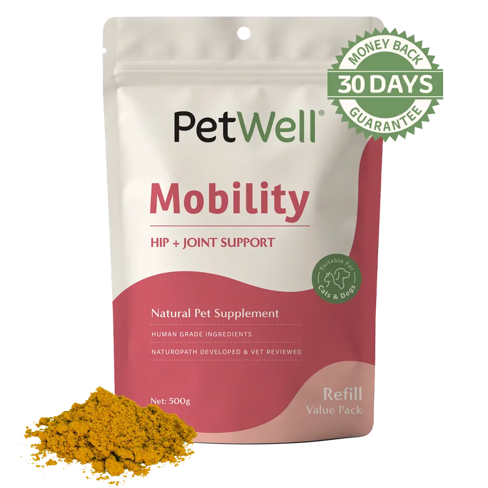 PetWell Mobility supplement 500g refill pouch with 30 day money back guarantee