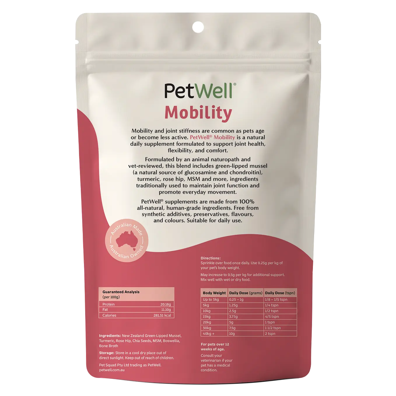 PetWell Mobility supplement 500g refill pouch back of pack information