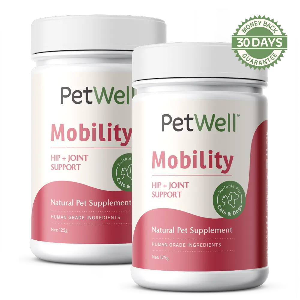 PetWell Mobility supplement bundle of 2 canisters with 30 day money back guarantee