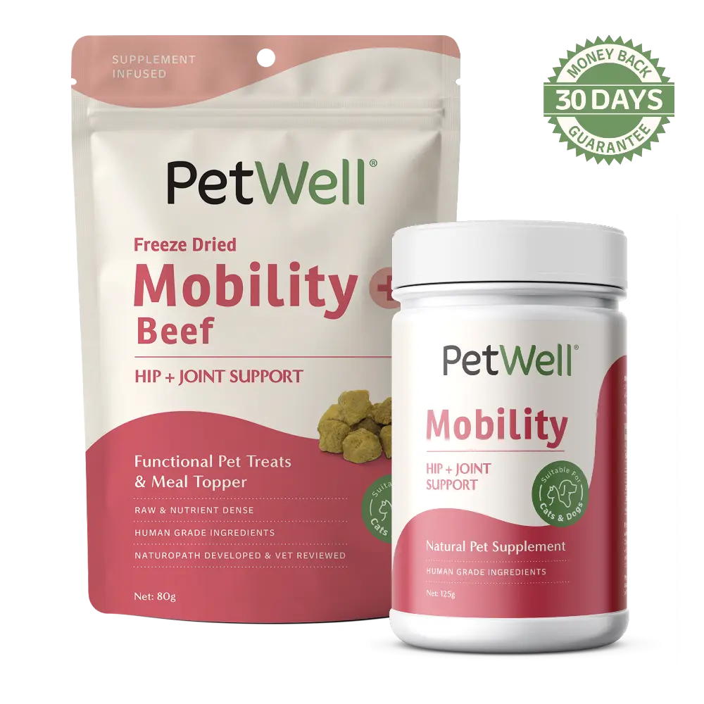 PetWell Mobility supplement and Mobility + Beef functional treat packs  with 30 day money back guarantee