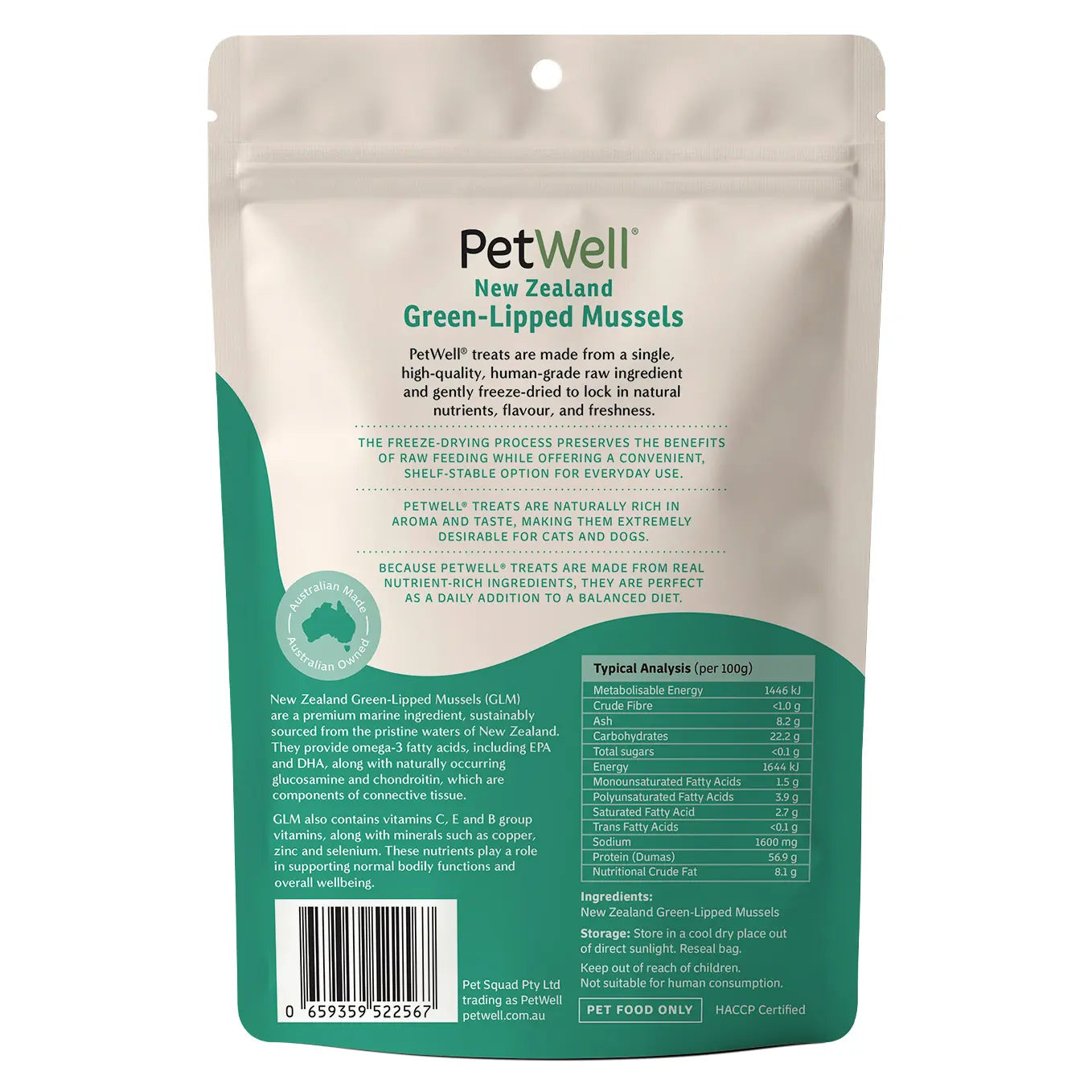 PetWell New Zealand Green-Lipped Mussels single ingredient pet treat & meal topper back of pack