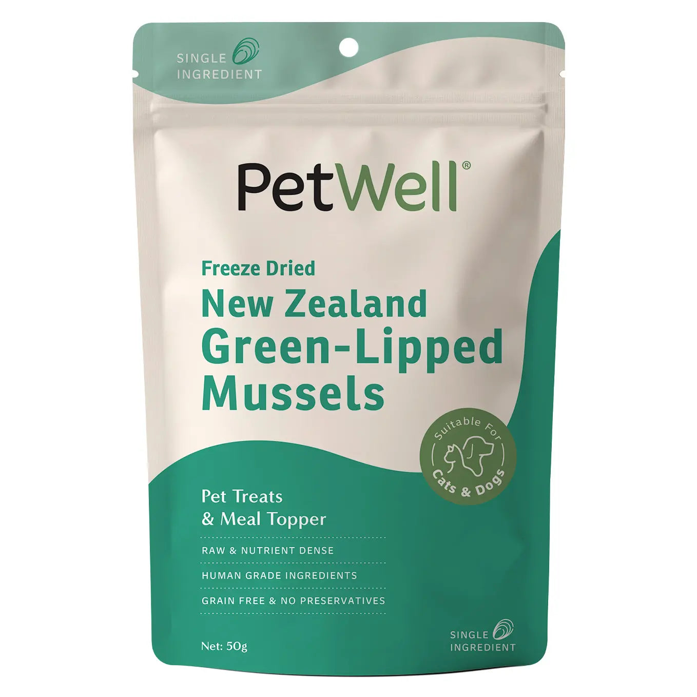 PetWell New Zealand Green-Lipped Mussels single ingredient pet treat & meal topper pack