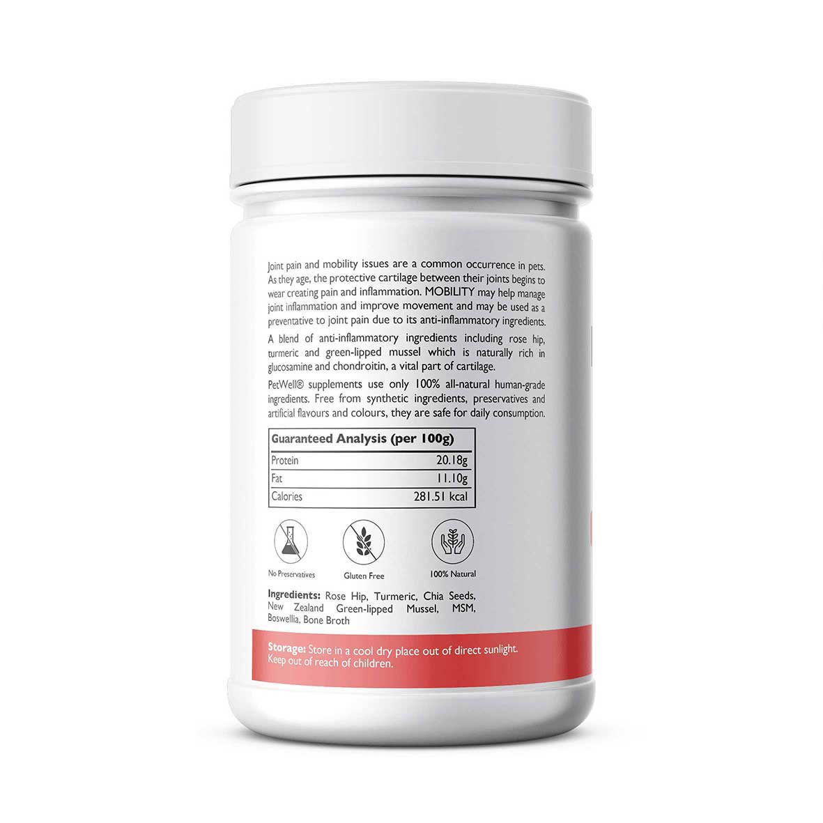 Natural joint supplement for cats and dogs with Joint issues - PetWell MOBILITY. Formulated by a Pet Naturopath, using all natural, human grade ingredients 